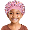 Detail of pink satin kids bonnet with unicorn print and wide elastic comfort headband - Pink