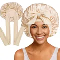 Détail du bonnet de nuit en satin champagne avec bandeau large et longs rubans à nouer - Couture Intérieure / Bleu foncé