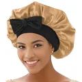 Detail der champagnerfarbenen Satin-Schlafmütze mit breitem schwarzen Gummiband - Khaki mit schwarzem Rand