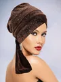 Detailed view of dark brown velvet turban featuring shimmering rhinestones and layered wrapping - One Size / Coffee