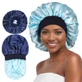 Detail of double-layer satin bonnet with wide elastic band for hair protection - Navy Blue