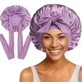 Détail du bonnet de nuit en satin violet avec bande élastique et long ruban noué - Couture Intérieure / Lavande