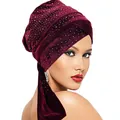 Elegant wine red velvet turban with cross front and shimmering rhinestones for women - One Size / Burgundy