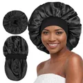 Close-up detail of double-layered black satin sleep bonnet with elastic wide band - Black