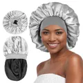 Detailed views of double-layer satin bonnet with wide elastic band in silver and black - Gray
