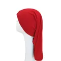 Close-up of red high-elasticity milk silk hijab cap with seamless stitching details - Red