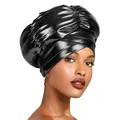 Close-up of black glossy turban with crossover front design and reflective texture - Black
