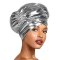 Detail of metallic silver turban with elegant cross-layered pleats and glossy finish - Gray
