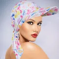 Floral print sun hat headscarf with wide brim and adjustable back tie for sun protection - Pink Floral