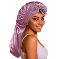 Détail du bonnet de nuit en satin violet avec nœud long pour protéger les cheveux - Rouge Haricot