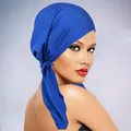 Detailed back view of a royal blue breathable turban with adjustable knotted ties - One Size / Sapphire Blue