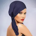 Detail of navy blue turban showing side tie-up design and breathable silky fabric texture - One Size / Navy Blue