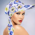 Detail of floral printed headscarf sun hat with wide brim for sun protection - Blue Trumpet Flower