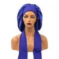 Dark blue satin silk sleeping bonnet with adjustable tie band for hair protection - Large / Sapphire Blue
