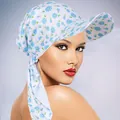Detail of white sun hat scarf with light blue floral print and decorative side ribbons - Light Blue Floral