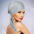 Breathable light grey turban for women with side ribbon tie made of soft polyester - One Size / Gray