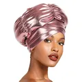 Close-up of metallic pink turban with pleated cross-wrap design on a female model - Dusty Pink