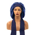 Dark blue satin silk bonnet for women with adjustable long tie bands for hair protection - Large / Navy Blue