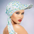 Detail of floral print sun turban hat with stiff curved brim and 100% polyester material - Light Green Floral