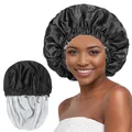 Detalle de la textura de satén de doble capa y la banda elástica del gorro de dormir - Talla única / Negro