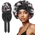 Floral satin hair bonnet with wide elastic headband and adjustable bow tie for women - Double Layer / Black Printed