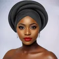 Close-up of black layered African style head wrap with structured sponge twist design - Black