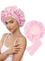 Bonnet de nuit en satin rose avec large bande élastique et nœud décoratif pour cheveux - Rose + Beige