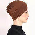 Detailed side view of dark brown elastic hijabs underscarf with wide-edge stitching - One Size / Coffee