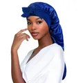 Cuffia da notte in raso blu scuro con fiocco e coda lunga per cura dei capelli - Blu Zaffiro