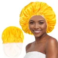 Detalle del gorro de satén amarillo mostrando el borde elástico y el forro rosa suave - Talla única / Amarillo