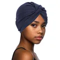 Detalle del turbante azul marino con nudo cruzado y textura de tejido de punto elástico fino - Talla única / Azul marino