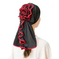 Black milk silk turban hat for women with red floral pleated trim and draped design - Black Red Edge