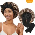 Bonnet de nuit en satin double couche à motif léopard avec large nœud élastique noir - Taille unique / Léopard + Noir