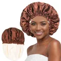Detail view of double-layered satin hair bonnet showing brown and cream dual-color design - One Size / Coffee