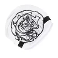 Detail of white turban hat featuring a 3D layered flower with black embroidered edges - One Size / White Black Edge