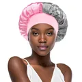 Satin sleep bonnet in pink and silver grey with wide elastic band for hair care - One Size / Pink + Grey