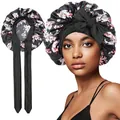 Detail of floral satin bonnet featuring adjustable long ribbons and bow for hair care - Single Layer / Black Printed