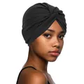Detail of black twisted knot turban hat with elastic fabric texture on a female model - One Size / Black