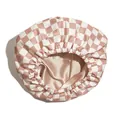 Cuffia da doccia impermeabile a tre strati con stampa a scacchi rosa e fodera in seta - Taglia unica / Triplo Strato Ispessito / Cachi