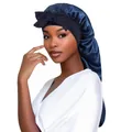Bonnet de nuit long en satin bleu foncé avec bandeau noir élastique et nœud décoratif - Bleu marine