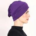 Detail of dark purple hijab cap with elastic fabric and decorative side pleats - One Size / Purple