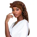 Bonnet de nuit long en satin marron avec nœud et large bande pour protéger les cheveux - Café