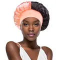 Detail of pink and black satin bonnet with elastic wide band for hair care - One Size / Ivory and Black