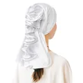 Detail of white milk silk turban showing 3D rose flower design and wavy edge back view - White