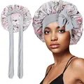 Detail of floral satin bonnet showing long adjustable straps and elegant hair protection fit - Single Layer / Grey Floral