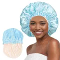Detail of double-layered sky blue and champagne satin bonnet with elastic hair care band - One Size / Light Blue