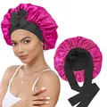 Bonnet de nuit double couche en satin rose vif et noir avec large ruban élastique à nouer - Taille unique / Rose Rouge et Noir