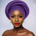 Close-up of a purple braided African turban featuring multi-layered spiral sponge wrap texture - Purple