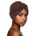 Detail of a dark brown twisted turban hat with textured cotton fabric on a model - One Size / Coffee