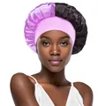 Detail of pink and black satin hair bonnet showing the smooth texture and wide elastic band - One Size / Light Purple and Black